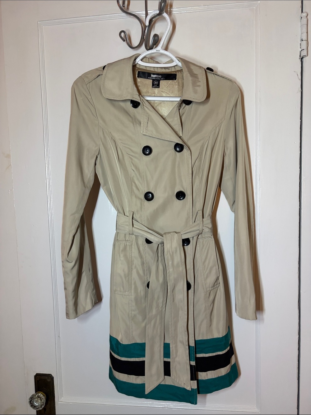 kensie Beige Trench Coat with Teal & Black Hem Stripes